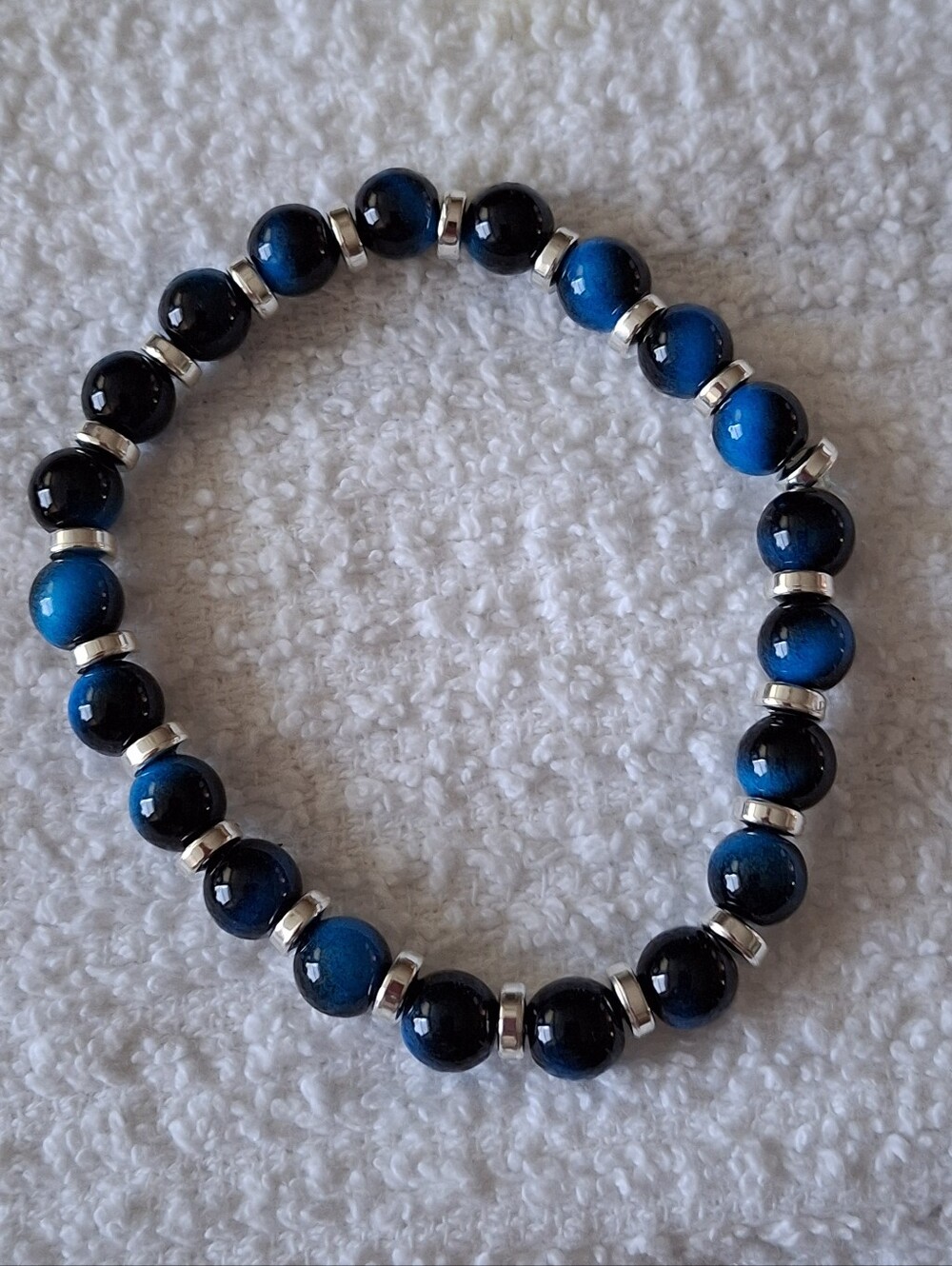 PLUS SIZE Blue and Black Tiger Eye Elastic Bracelet - HANDMADE
